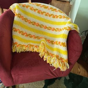 Vintage Handmade Crochet Yellow & White Striped Throw Blanket